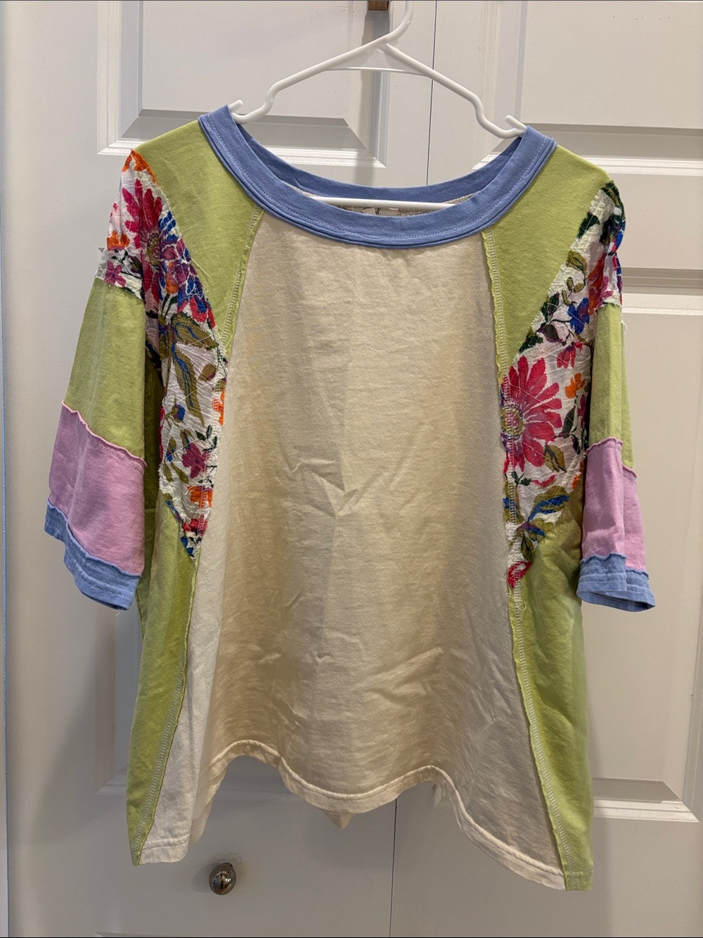 Oversized Boho Floral Patchwork Scoop Neck Top - Cream & Green